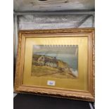 old Scottish water colour of cottage with thatched roof signed by artist fitted in gilt frame .