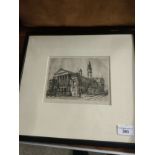 Etching of town building signed Leo Russell.