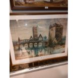 Early Watercolour of Old bridge and castle scene frame .