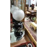 Fantastic Victorian Hand Painted Oil Lamp in Stunning Black Glass With Etched Shade And glass funnel