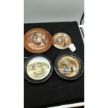 4 pratt ware pot lids 3 with wooden mounts .