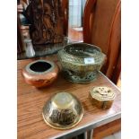 Lot of eastern brass and copper wares includes silvered rimmed bowl .