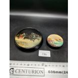 2 Early 19th century paper mache Russian lids includes horse and sledge in winter scene together