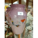Large strathearn Scottish glass vase with pale and purple back ground with multiple colour swirl