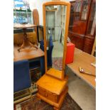 Antique pine heavy Cheval mirror on stand with drawer .