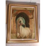 Large oil painting of a Arabic horse in a Arabic scene setting fitted in a frame signed by