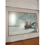 Water colour depicting harbour scene with boat scene signed Kevin Schlyter.
