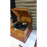 Light Oak Cased Gramophone With Winding Handle records Winds up Working .