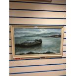 Scottish oil painting canvis depicting loch scene with boat transporter for cars signed G Robb in