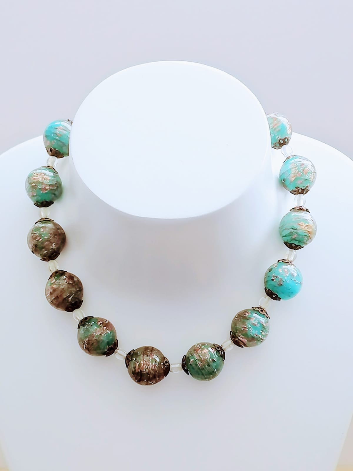 Rare Monart beaded necklace, turquoise with gold aventurine. 14 " (36cms) overall length.