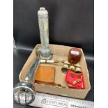 Box of interesting items includes french viewers , 2 military style torches brass telescope.