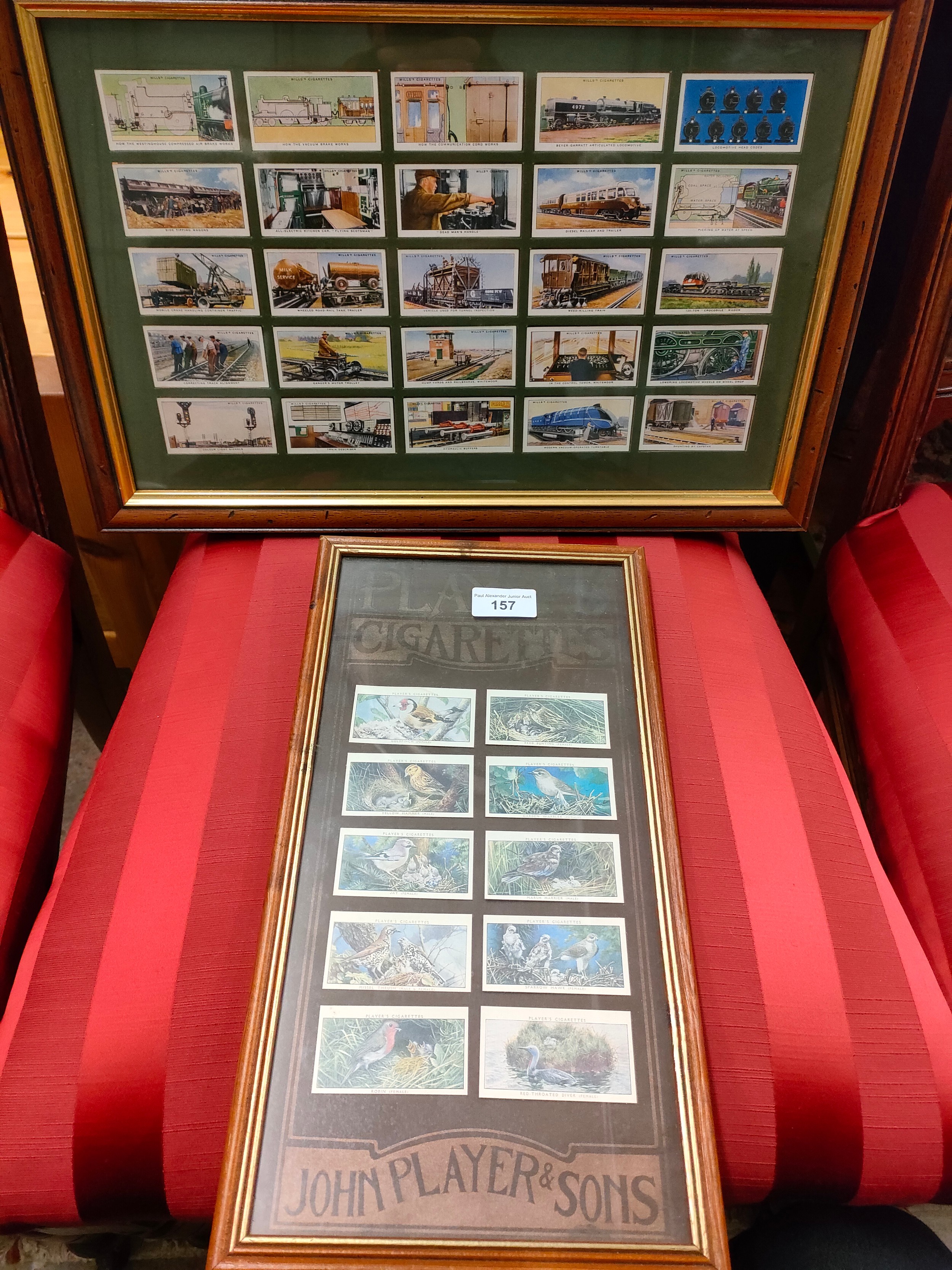 2 framed cigarette s cards train and birds includes wills .