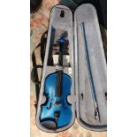 Stunning metallic blue Violin with bow in original case by stentor music company .