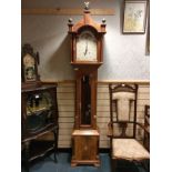 Large Grandfather clock with brass eagle to top with pendulum weight s key etc . Need of attention.