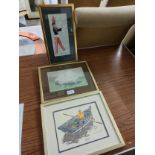 3 pictures depicting soldier , sheep scene , gentleman rowing boat signed by artist .
