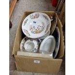 Large box of collectables includes aynsley , porcelain soup set etc .