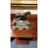 19th century bronze horse Double inkwell stand with Liners.