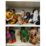 2 shelf's of antique teddies , doll , old Mickey mouse figure etc .