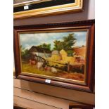 Oil painting depicting cattle and farming scene signed B Crawford .