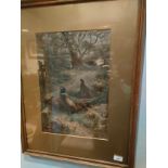 Large picture depicting pheasant scene in gilt framed signed .