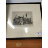 Etching of town scene building signed Leo Russell.