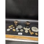 Lot of collectables includes vintage belt buckle coins etc .