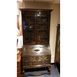 Top Quality Solid Oak Bureau Bookcase with 4 shelf interior behind Glass Doors Nicely Carved Oak