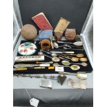 Box of Collectable to include Hob nail Candle snuffer Wemyss Ware lid Wooden Croquet ball etc.