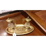 WMF Set of Condiment Carafes with elaborate Design Handles Diamond Cut Design glass And Brass Cherub
