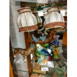 Early 1900s porcelain double branch bird table lamp , bird figures together with Beswick donkey af.