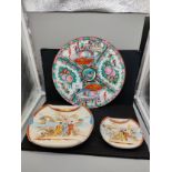Chinese famille rose plate together with 2 early Chinese scalloped edges plates with character
