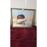 Beautifully Painted Study Of Otter in The Wild Oil On Canvas with Gilded Frame .