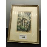 Small picture depicting town steeple clock scene in photo frame signed by artist .