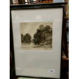 Early etching depicting river and tree scene signed by artist .