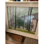 Large oil painting on canvas titled dunkeld cathedral scene fitted in mod century frame signed by