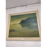 Large oil painting depicting coastel cliff scene possibly Scottish signed WKG set in a mid century