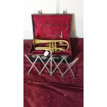 Vintage Brass Trumpet With Mouthpiece And Music Stand in Fitted case.