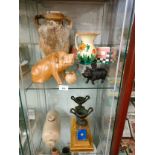 2 shelfs of collectables includes candle sticks etc .