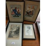 Pair of eastern scene pictures signed by artist , possible drawing portrait of lady together with