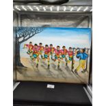 Oil painting depicting musicians band signed artist Naearae kumdola . Unframed .