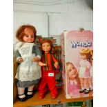 2 mid century retro dolls with box of items .