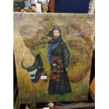 Large oil painting depicting oriental woman and cow scene signed T Roye.