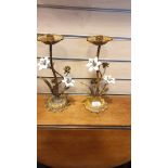 Cast Metal with Ceramic Flowers pair Candlesticks height 31cms.