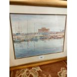 Water colour boat harbour scene signed and framed .