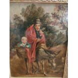 19th century acrylic painting depicting old lady smoking pipe ,child on donkey set in a gilt frame .