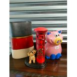 Post box ornament , pig biscuit bin together with modern vase.