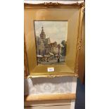 Beautiful Original Watercolour Town Market Scene signed mid 1800s painting .