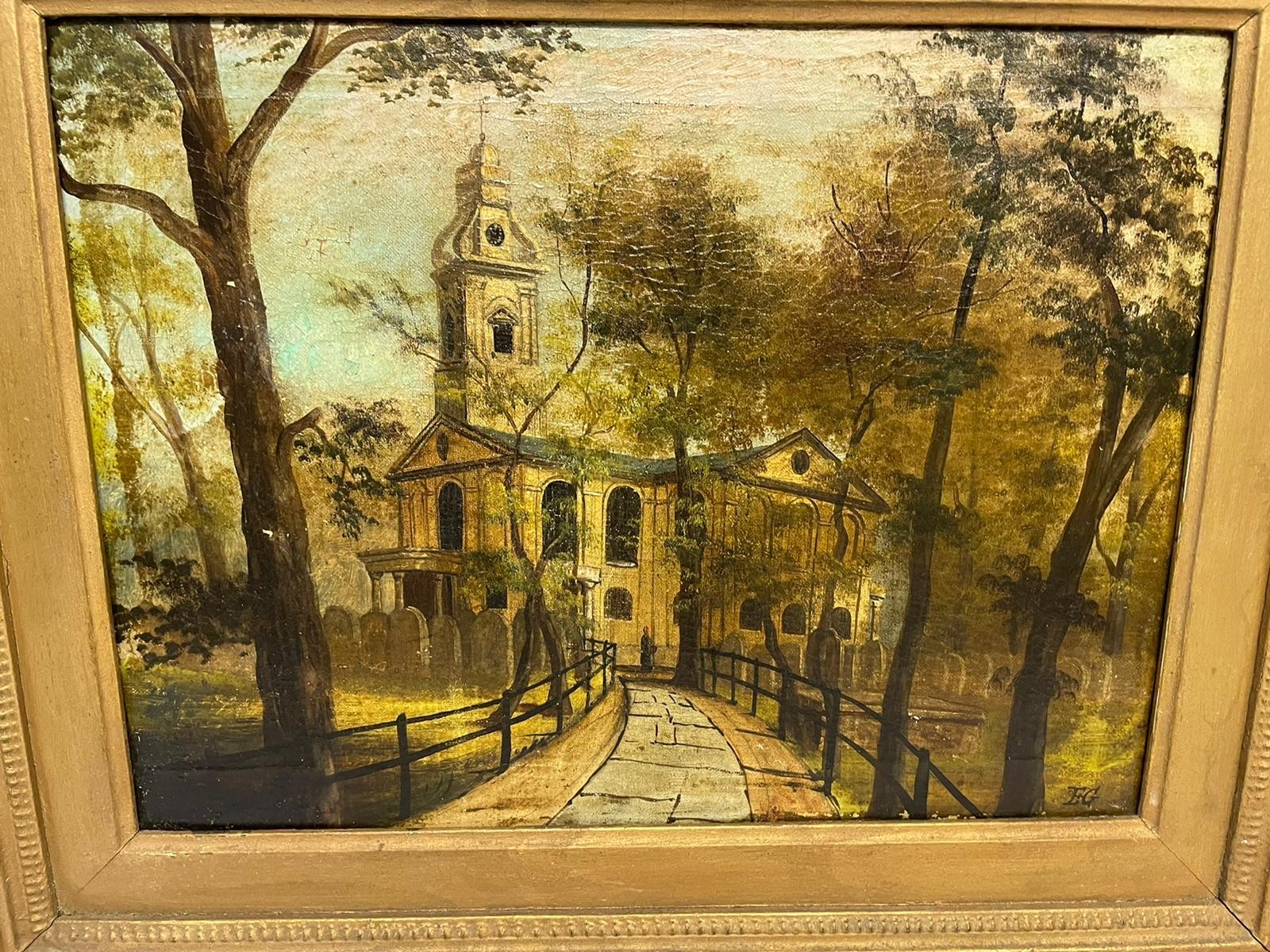 Gilt framed oil on canvis church city signed EG. - Image 2 of 2
