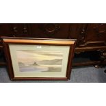 Impressive Scottish Watercolour Elan Dylan Castle and Loch with fishing boat to forefront signed M