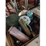 Box of collectables includes brass fire extinguisher.